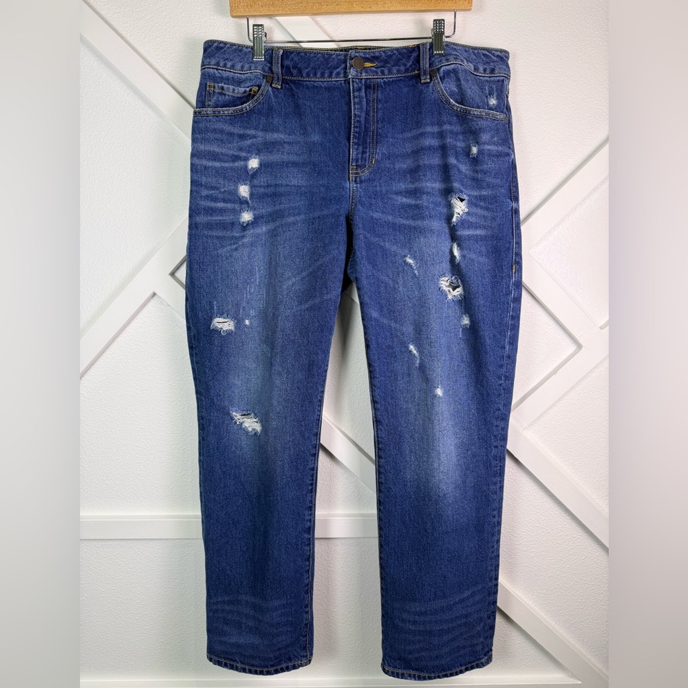 CAbi Boyfriend Jeans in Distressed Dark Blue Denim